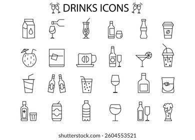 Set of simple alcohol line icons. Outline stroke object. Linear signs pack. Perfect for web apps and mobile.Different types driks symbol and objects.