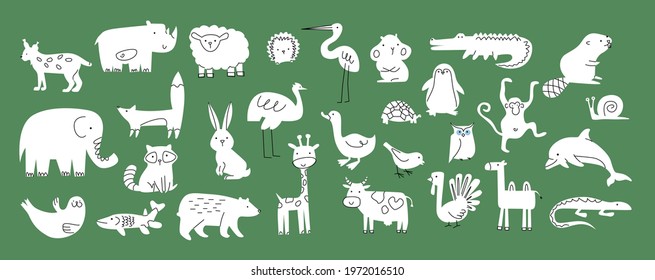 A set of simple animal for children's coloring pages: sheep, rhinoceros, lynx, crocodile, beaver, camel, goose, dolphin, raccoon, hedgehog, giraffe, hare, turkey, cow, fox, bear, penguin and other