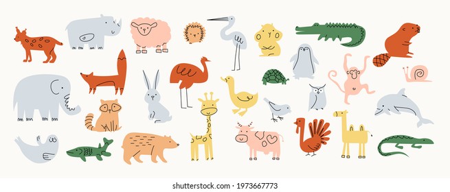 A set of simple animal: sheep, rhinoceros, lynx, crocodile, beaver, camel, goose, dolphin, raccoon, hedgehog, giraffe, hare, turkey, cow, fox, bear, penguin and other