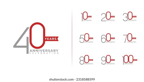 Set of simple anniversary logo. 10, 20, 30, 40, 50, 60, 70, 80, 90, 100, birthday symbol collections. Celebration number with minimal and elegant concept