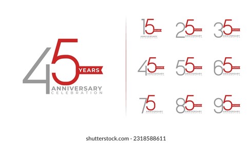 Set of simple anniversary logo. 15, 25, 35, 45, 55, 65, 75, 85, 95, birthday symbol collections. Celebration number with minimal and elegant concept