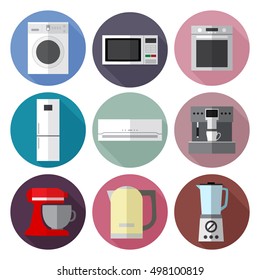 Set of simple appliances flat icons with long shadows on color circles vector illustration