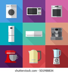 Set of simple appliances flat icons with long shadows on color squares vector illustration