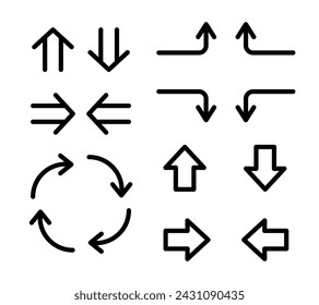 Set of simple Arrows. Cursor. Exit direction, Various Arrow Turns. Circulation, turn left, turn right, down, up. Stylized Arrows, Pointers. Vector illustration in linear style