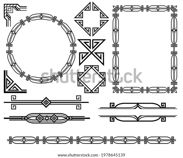 Set of simple art deco style elements.\
Decorative frames, corners, dividers, and borders. Retro ornamental\
round and rectangular frame. Ornate wedding borders or deco\
ornaments. Vector\
illustration