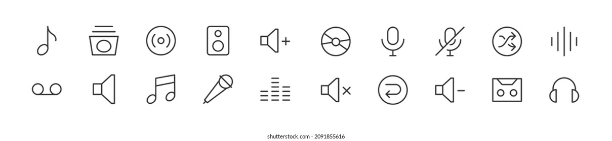 Set of simple audio line icons. Outline stroke object. Linear signs pack. Perfect for web apps and mobile.