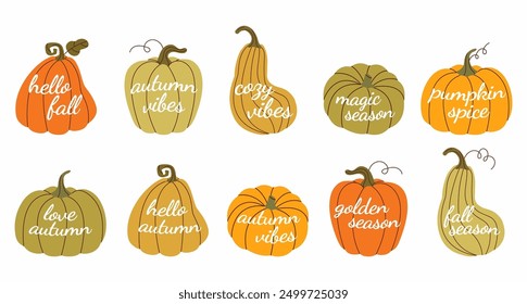 Conjunto de calabaza de otoño simple con letras. Calabaza de calabaza dibujada a mano en colores naturales cálidos de otoño aislados en blanco. Ilustración vectorial - temas de otoño, Halloween, Elementos de diseño de Acción de Gracias. 