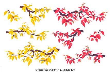 Set of simple autumn tree branches with yellow and red leaves isolated on white. Colorful foliage in fall season. Part of deciduous plant vector illustration in flat style.