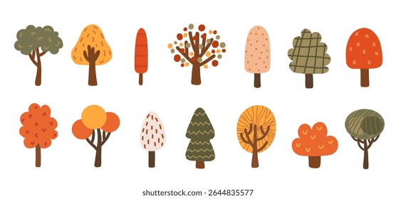 Set of simple autumn trees in hand drawn style. Flat forest elements with naive shapes and seasonal flowers. Vector illustration on isolated background.