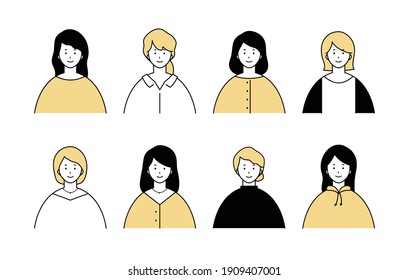 A set of simple avatar icons of various women.