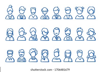 Set of simple avatar portrait icons of different people: man, woman, young and old, casual and business outfit. Hand drawn line art cartoon vector illustration.