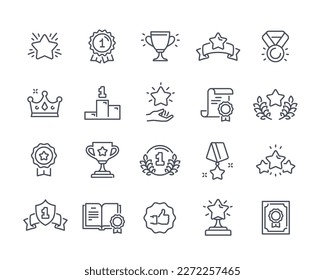 Set of simple award icons. Medal, laurels, orders, gold cup and star of winner in championship or competition. Design elements for app. Cartoon linear vector collection isolated on white background