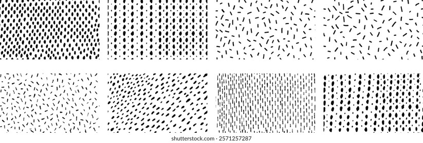 Set of simple background with small black lines. Vector seamless pattern with hand drawn sprinkles