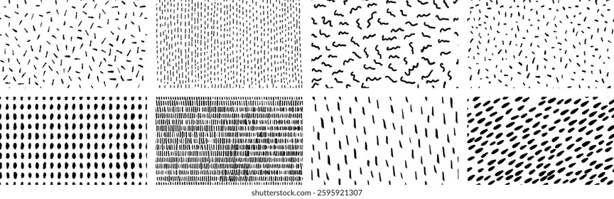 Set of simple backgrounds with small dashes. Vector seamless pattern with hand drawn sprinkles