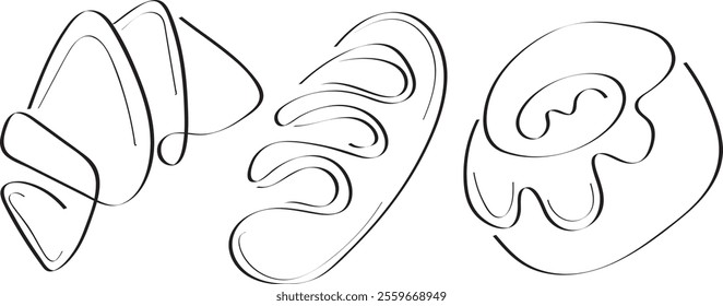 set of simple bakery icons, namely croissant, loaf and donut in line art style