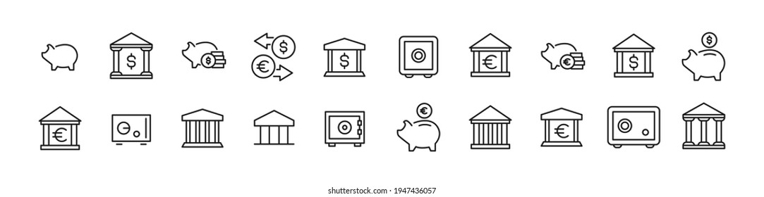Juego de simples iconos de línea bancaria. Objeto de trazo de contorno. Envase de signos lineales. Perfecto para aplicaciones web y móviles.