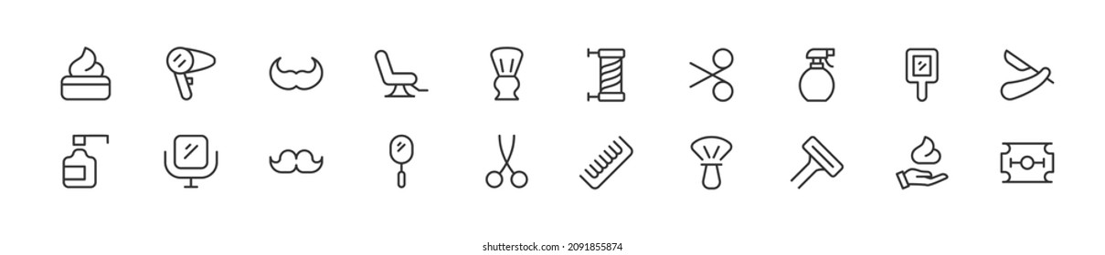 Set of simple barber shop line icons. Outline stroke object. Linear signs pack. Perfect for web apps and mobile.