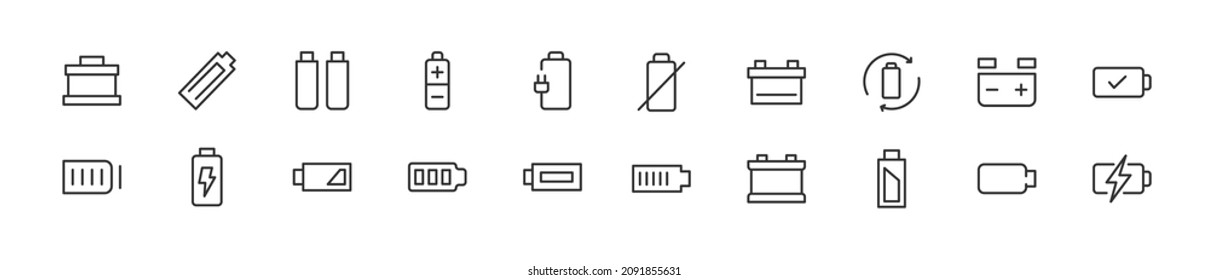 Set of simple battery line icons. Outline stroke object. Linear signs pack. Perfect for web apps and mobile.