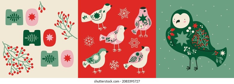 Set of simple beautiful Christmas designs. Owl, birds and Christmas decorated lettering. Cute New Year greeting cards. For print, banners, posters. Illustrations in Scandinavian style, red, green.