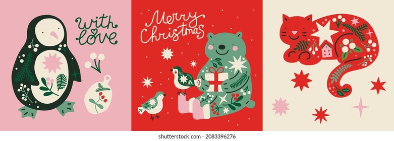 Set of simple beautiful Christmas designs. Penguin, bear, birds and cat. Cute New Year greeting cards. For print, banners, posters. Illustrations in Scandinavian style, red, green, pink and black. 