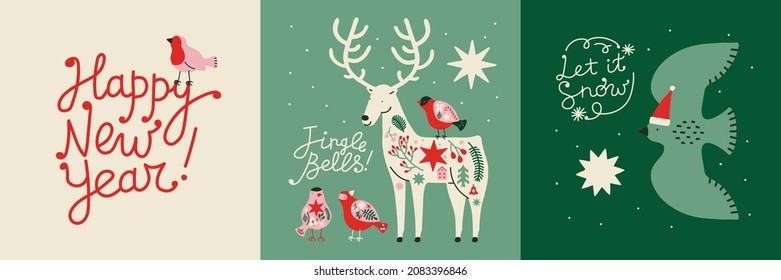 Set of simple beautiful Christmas designs. `Deer, bird and Happy New Year lettering. Cute New Year greeting cards. For print, banners, posters. Illustrations in Scandinavian style, red, green, pink. 