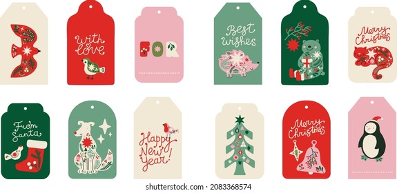 Set of simple beautiful Christmas tags. Birds, Christmas tree, penguin, cat, bear, dog, sock, balls, lettering design. Cute Scandinavian style. Red, green, white and pink colours. For print and cut. 