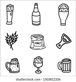 Set of simple beer and brewery. Doodle set isolated on white background.