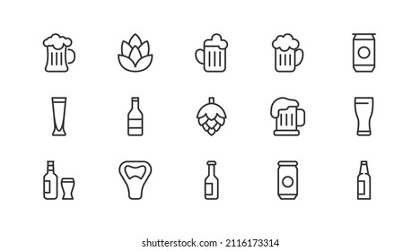 Juego de simples iconos de la línea de cerveza. Objeto de trazo de contorno. Envase de signos lineales. Perfecto para aplicaciones web y móviles.