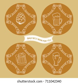 Set of simple Beer logo in vintage style. White line on brown circle background. Vector.