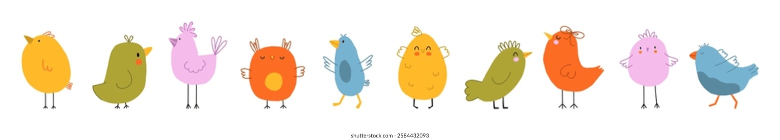 Set Simple Birds. Hand Drawn color vector birds on a white background