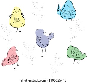 Set simple birds with trace doodle outline color hand drawn. Design for Kids, Greeting Card, Baby dishes, web banners, printed materials, textile, web sites 