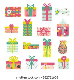 Set of simple birthday gift box, present with pretty hand-painted brush ink ornament with different ribbons isolated on white background.