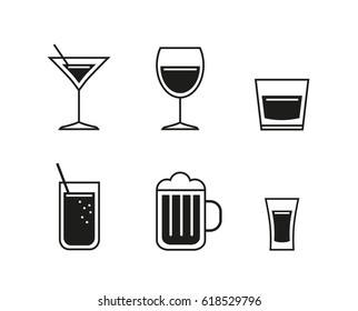 Set of simple black alcoholic drinks icons isolated on white background