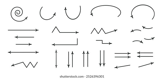  Un conjunto de flechas negras simples. Varias líneas y flechas aisladas sobre un fondo blanco. Ilustración vectorial plana.