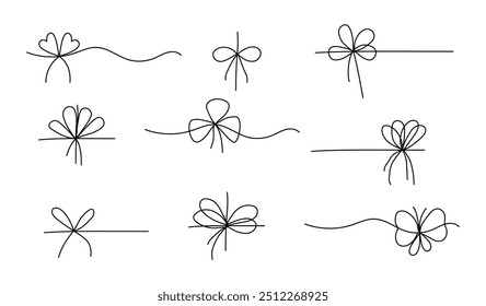 Set of simple black bows. Elegant gift ribbon on string for package or letter. Minimal line stroke style. Vector illustration