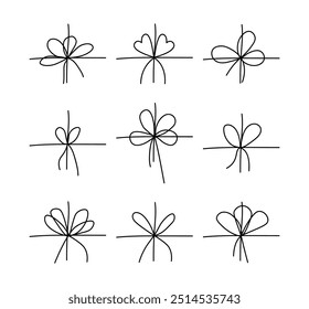 Set of simple black bows. Elegant gift ribbon on string for package or letter. Minimal line stroke style. Vector illustration
