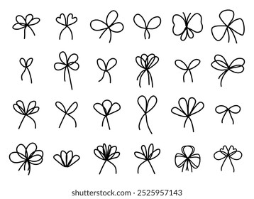 Set of simple black bows. Elegant gift ribbon on string for package or letter. Minimal line stroke style. Vector illustration