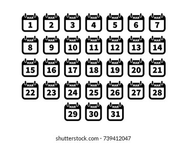Set of simple black calendar icons on march isolated on white