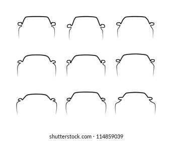 Set of simple black car front contours isolated on white. Vector image.