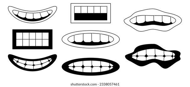 Set of simple black Cartoon Mouth with editable stroke. Collection of Trendy trippy groovy Mouth with different emotion. Vector illustration in Psychedelic retro style.