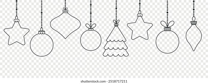 Set of simple black christmas balls isolated on transparent background.Christmas ball black line icon. Holiday christmas decoration.Christmas and New Year  banner or border.