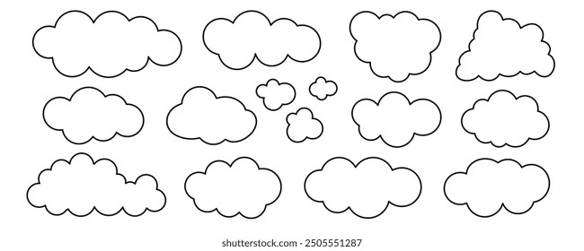 A set of simple black cloud outlines. A hand drawn bubble shaped sky. A weather icon with a childlike stroke. Vetor illustration