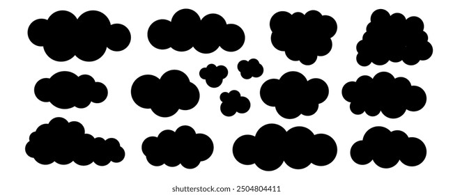 Set of simple black cloud silhouette. Hand drawn bubble sky shapes. Kids style doodle weather icon. Vetor illustration