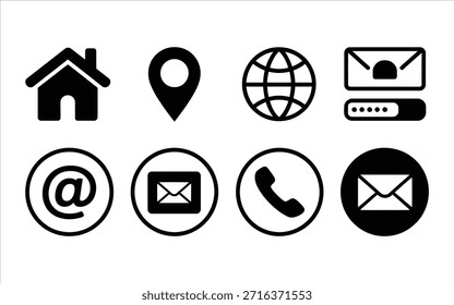 Conjunto de iconos de contacto negro simple que representan la Locación del hogar Correo electrónico Comunicación mundial y Contraseña sobre un fondo blanco Perfecto para Sitios web y aplicaciones