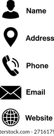 Un conjunto de iconos de información de contacto negros simples con las etiquetas correspondientes en un fondo blanco, incluyendo nombre, Dirección, teléfono, correo electrónico y silueta de Sitio web