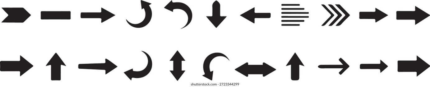 Um conjunto de setas direcionais simples e pretas e linhas curvas organizadas ordenadamente em duas linhas.