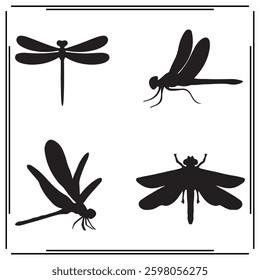 
A set of simple black  Dragonflies silhouette illustration  on white background,