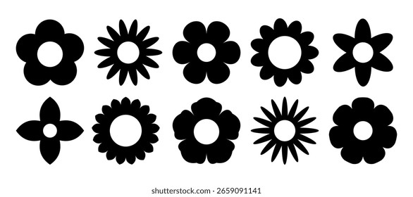 Conjunto de ícones de vetor de silhueta de flor preta simples - formas florais planas mínimas isoladas no fundo branco.