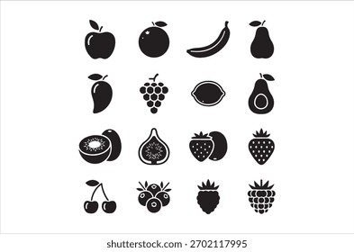 A set of simple, black fruit silhouettes depicted in an organized grid arrangement.