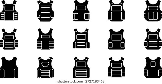 A set of simple black glyphs showcasing different designs of protective vests and combat gear, perfect for security or military themes.